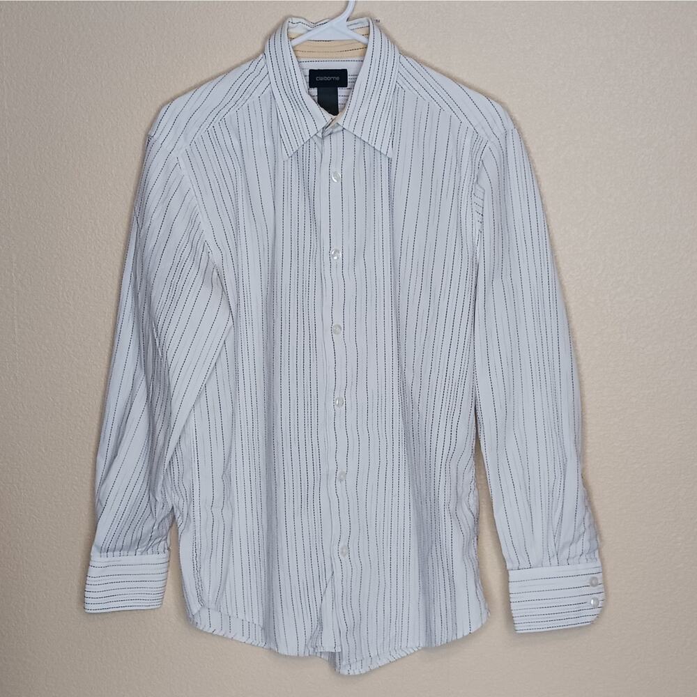 Claiborne Dress Shirt Mens Size M White Dotted Pin Stripe Long Sleeve Cotton